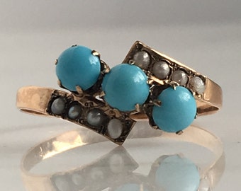 Victorian Turquoise & Pearl 14K Rose Gold Ring