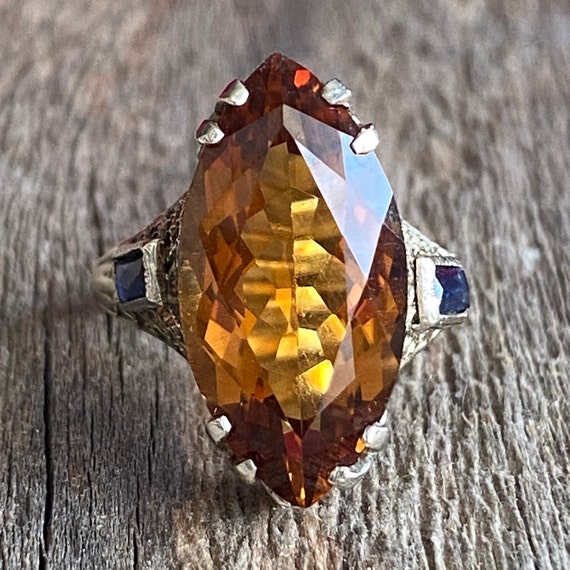 Vintage Citrine & Synthetic Sapphire 10K Filigree… - image 5