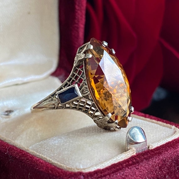 Vintage Citrine & Synthetic Sapphire 10K Filigree… - image 1