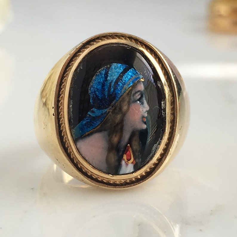 Victorian 14K Miniature Portrait Ring Signed Franel image 4
