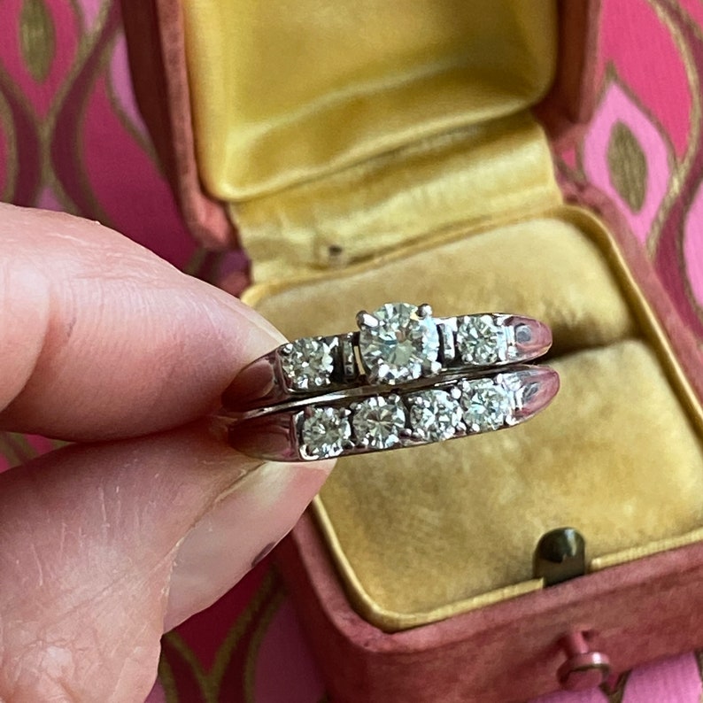 Mid Century Diamond 14K Engagement Ring Set - Etsy