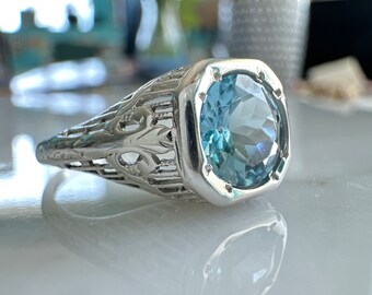 Edwardianischer Aquamarin 18K Weißgold Filigraner Ring