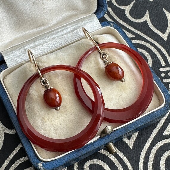 Victorian Carnelian Faceted 1" Hoop 9K Earrings - image 2