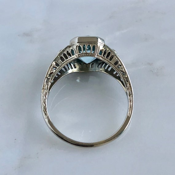 Edwardian Aquamarine & Diamond 18KW Filigree Ring - image 10