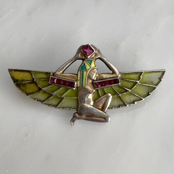 Plique-a-Jour Egyptian Revival Winged Pharaoh Broo