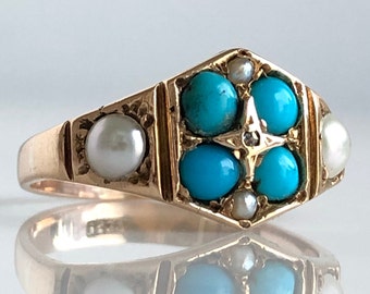 Victorian Turquoise, Pearls & Rose Cut Diamond 15K Ring