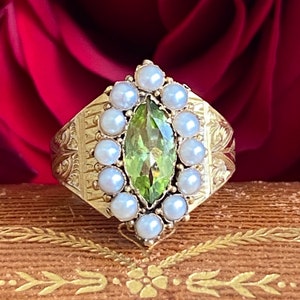 Victorian Peridot Seed Pearl Engraved 15K Gold Ring