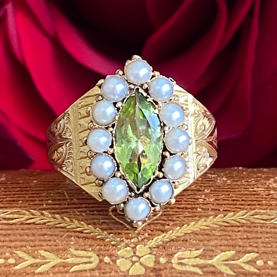 Victorian Peridot Seed Pearl Engraved 15K Gold Ri… - image 1