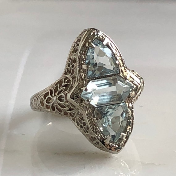 Edwardian Aquamarine Filigree 14K White Gold Ring - image 1