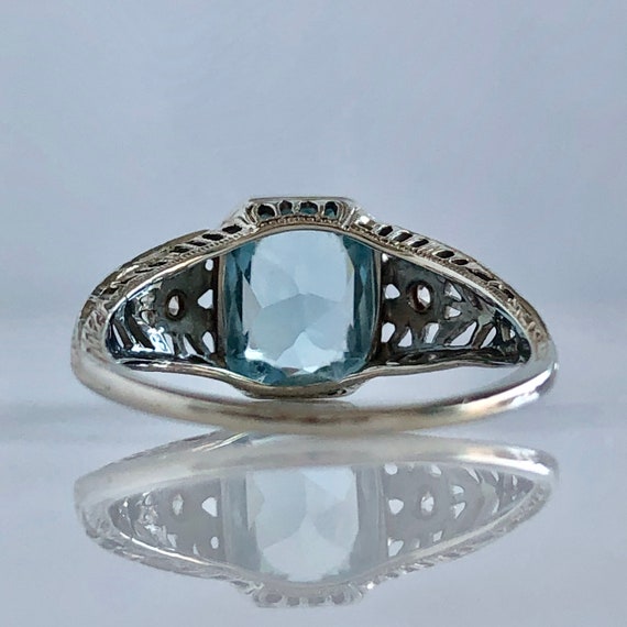 Edwardian Aquamarine & Diamond 18KW Filigree Ring - image 8
