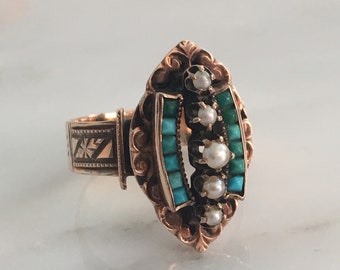 Victorian 14K Rose Gold Turquoise Pearl Ring circa 1895