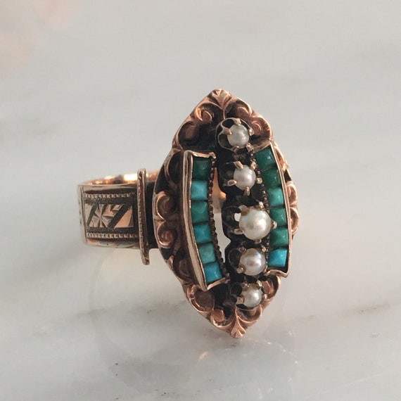 Victorian 14K Rose Gold Turquoise Pearl Ring circ… - image 1