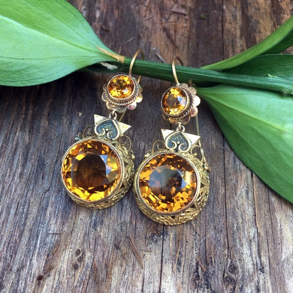 Victorian Citrine 14K Filigree Chandelier Earrings