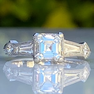 Art Deco 1.64 CTW Emerald Cut Diamond Platinum Ring