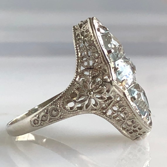 Edwardian Aquamarine Filigree 14K White Gold Ring - image 8