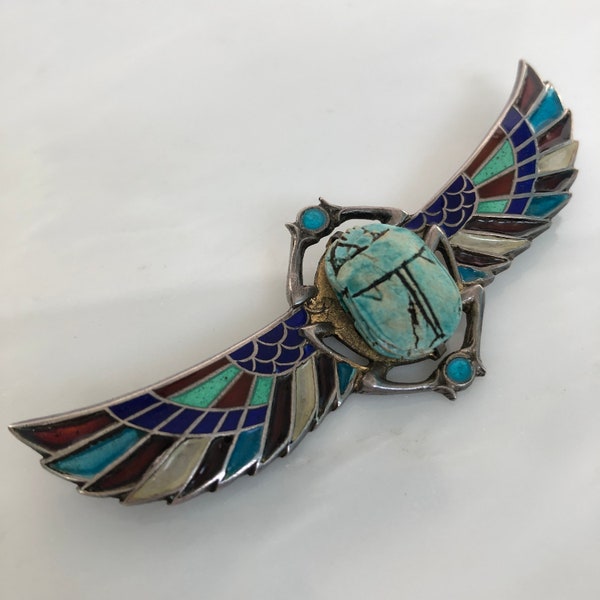 Plique-a-Jour Egyptian Revival Winged Wooden Scarab Brooch