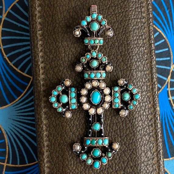 Austro-Hungarian Turquoise Pearl Silver Cross - image 4