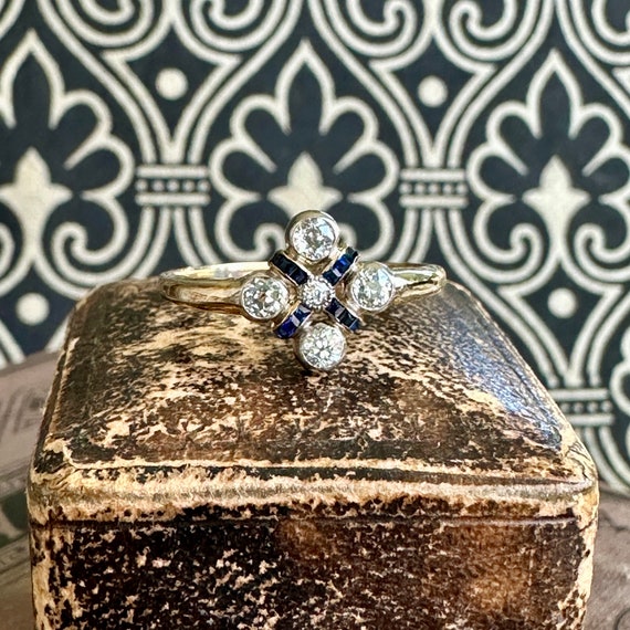 Art Deco Diamond Sapphire 14K Ring - image 7