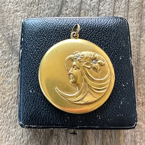 Large Art Nouveau Repousse 18K Gold Diamond Locket Pendant