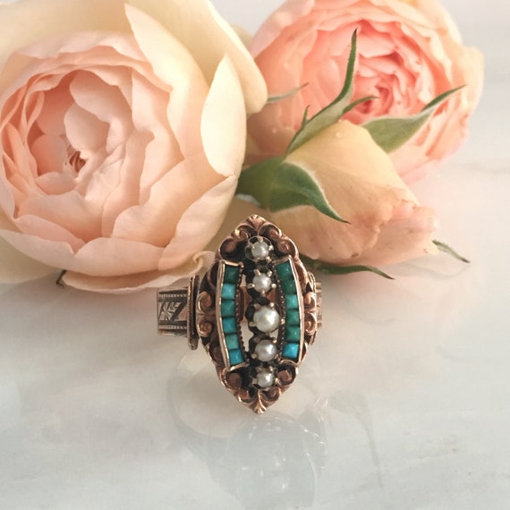 Victorian 14K Rose Gold Turquoise Pearl Ring circ… - image 2