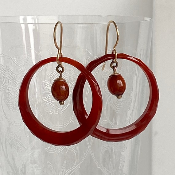 Victorian Carnelian Faceted 1" Hoop 9K Earrings - image 8