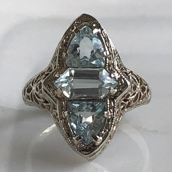 Edwardian Aquamarine Filigree 14K White Gold Ring - image 6