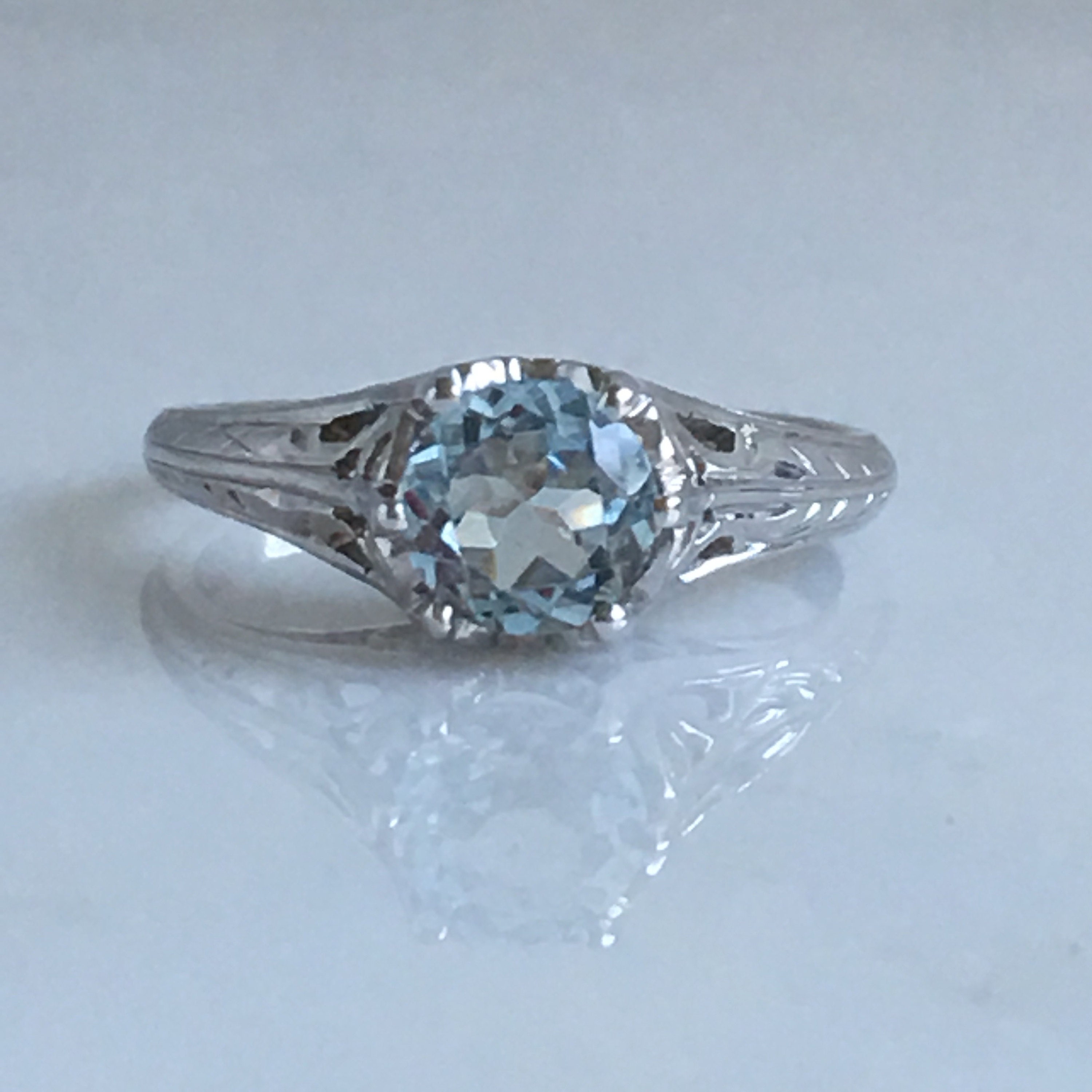 Vintage 14k Gold Filligree Aquamarine CZ Diamond Ring Statement Victorian