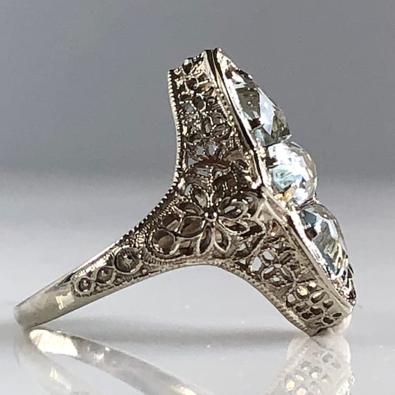 Edwardian Aquamarine Filigree 14K White Gold Ring - image 4