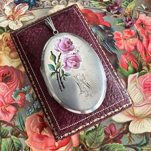 Victorian Large Rose Enamel Silver Locket