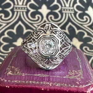 Art Deco Filigree Diamond 14K White Gold Ring