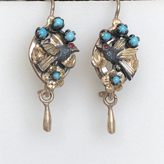 Victorian Silver Bird & Turquoise Earrings