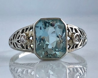 Edwardian Aquamarin & Diamant 18KW Filigree Ring