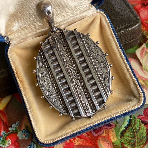 Victorian Large Ornate Locket Silver - image 1