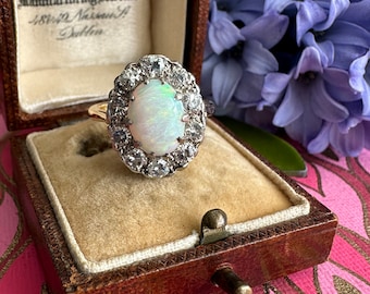 Vintage 1930's Opal Diamond Halo 18K Ring