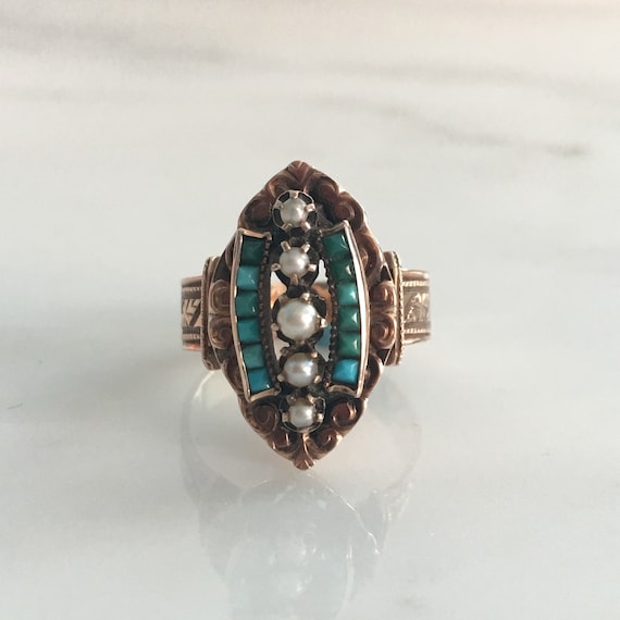 Victorian 14K Rose Gold Turquoise Pearl Ring circ… - image 4