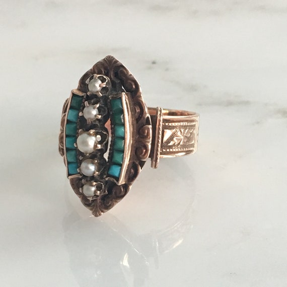 Victorian 14K Rose Gold Turquoise Pearl Ring circ… - image 5