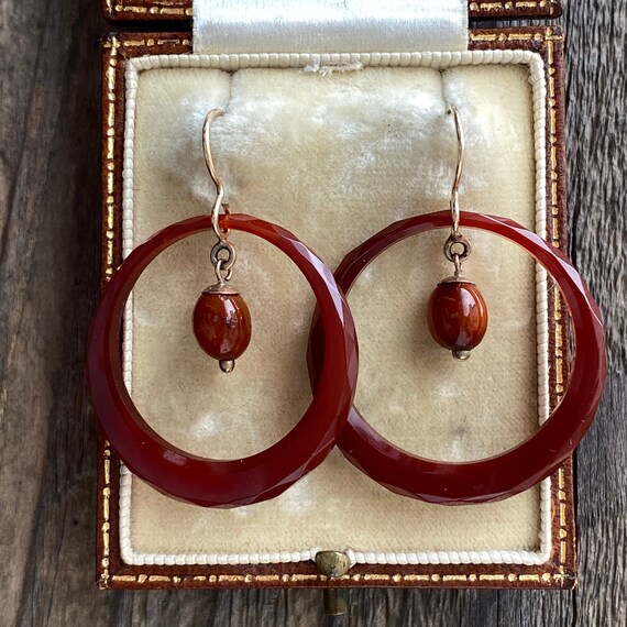 Victorian Carnelian Faceted 1" Hoop 9K Earrings - image 7