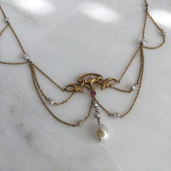 Art Nouveau 14K Pearl & Ruby Festoon Necklace - Etsy