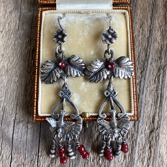 Vintage Silver Bird & Flower Chandelier Earrings - image 2