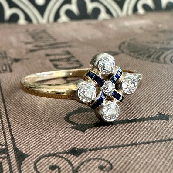 Art Deco Diamond Sapphire 14K Ring - image 2