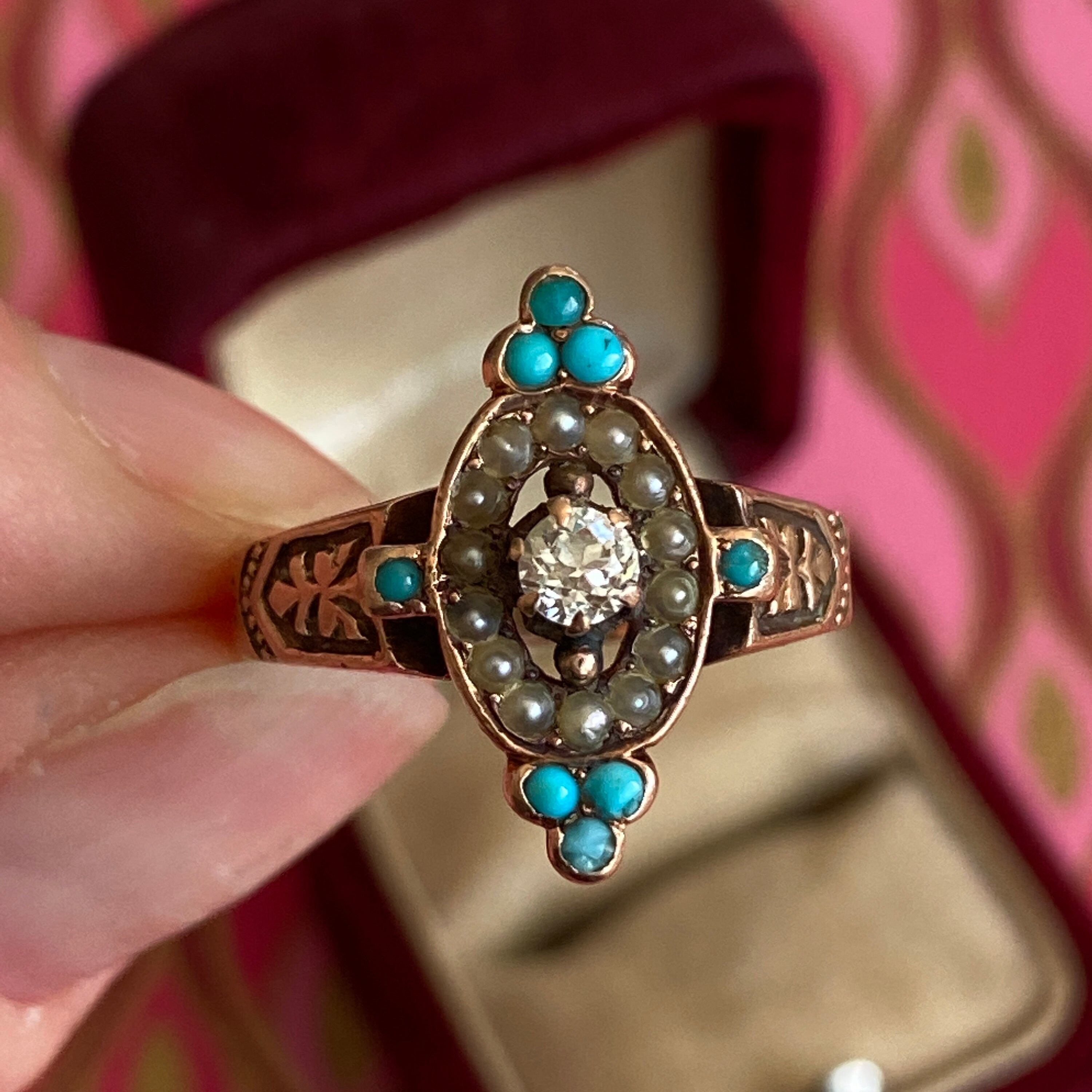 Antique Emerald & Seed Pearl Ring crafted in 15k Gold. Circa 1800s.  Gorgeous!