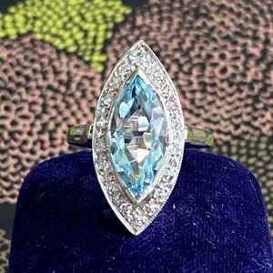 Mid Century Aquamarine & Diamond 14K White Gold Ring