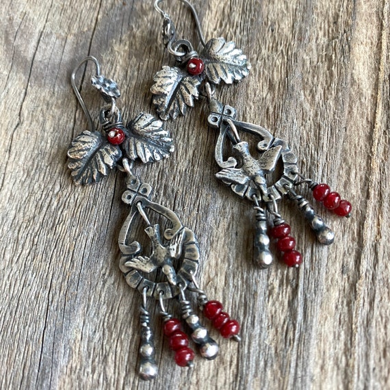 Vintage Silver Bird & Flower Chandelier Earrings - image 4