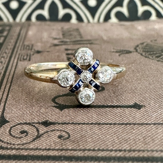 Art Deco Diamond Sapphire 14K Ring - image 1