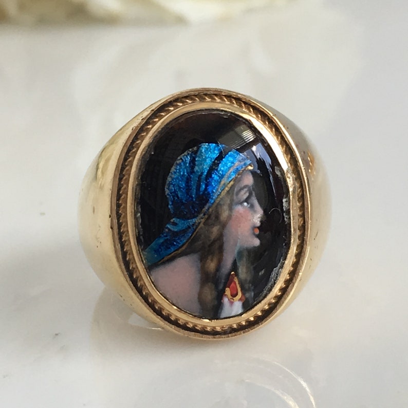 Victorian 14K Miniature Portrait Ring Signed Franel image 1