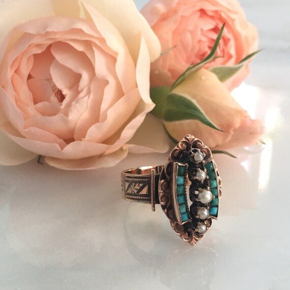 Victorian 14K Rose Gold Turquoise Pearl Ring circ… - image 3