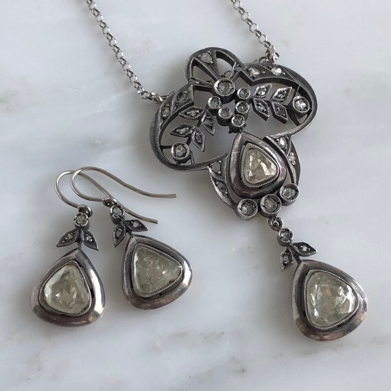 Vintage Foil Backed Diamond Necklace & Earrings Set Gem