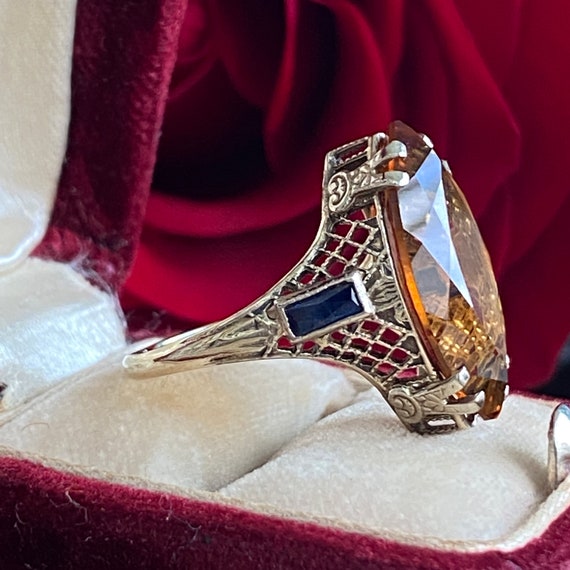 Vintage Citrine & Synthetic Sapphire 10K Filigree… - image 3