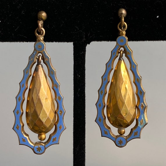 Victorian Blue Enamel Torpedo 14K Earrings - image 7