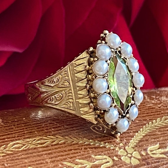 Victorian Peridot Seed Pearl Engraved 15K Gold Ri… - image 2